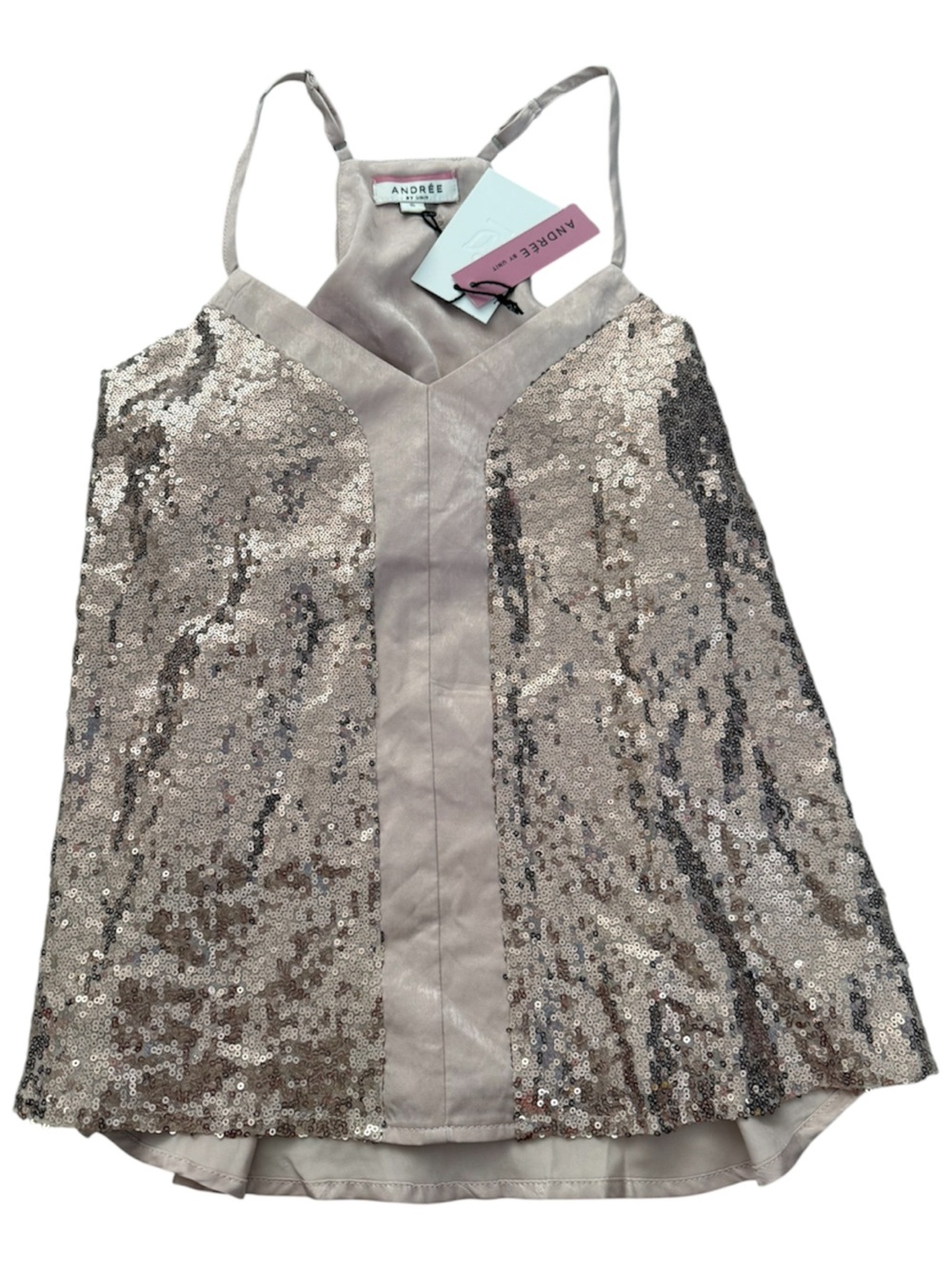 Andree by Unit Champagne Sequin Sparkle Spaghetti Strap Blouse, small